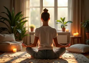 Спокойная домашняя обстановка для медитации с человеком, сидящим в позе лотоса, окружённым растениями и расслабляющими элементами