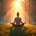 Человек медитирует на природе, в фоне абстрактные цифровые элементы символизируют бесконечную прокрутку негативных новостей в социальных сетях