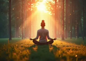 Человек медитирует на природе, в фоне абстрактные цифровые элементы символизируют бесконечную прокрутку негативных новостей в социальных сетях