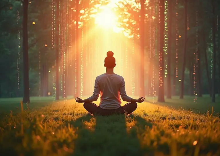 Человек медитирует на природе, в фоне абстрактные цифровые элементы символизируют бесконечную прокрутку негативных новостей в социальных сетях