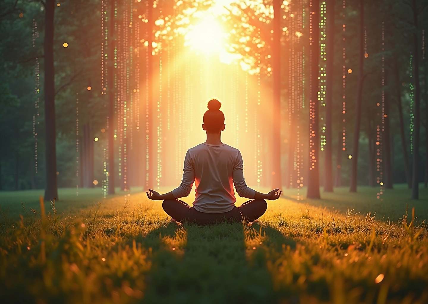 Человек медитирует на природе, в фоне абстрактные цифровые элементы символизируют бесконечную прокрутку негативных новостей в социальных сетях