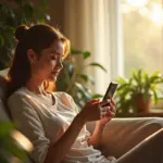 Человек, спокойно скроллящий смартфон на фоне природных элементов, символизирующий осознанность и гармонию ментального здоровья при использовании соцсетей