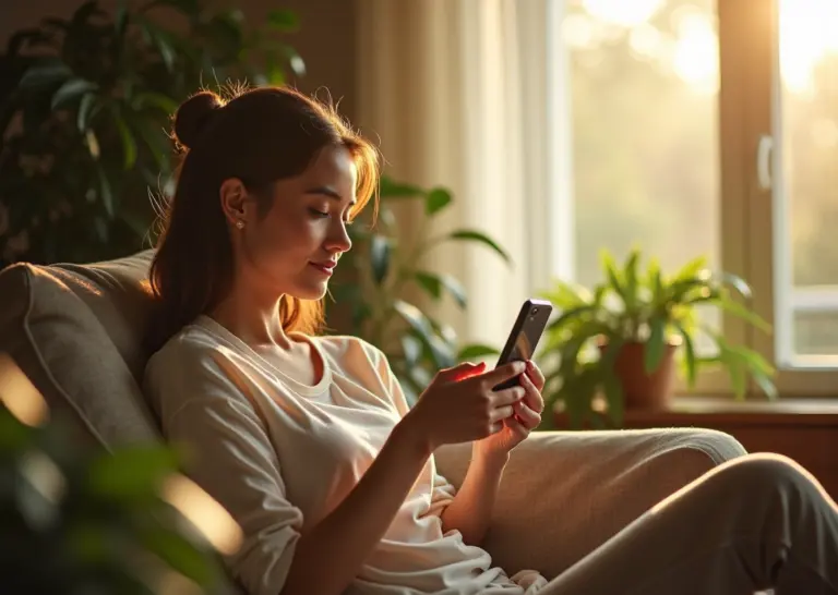 Человек, спокойно скроллящий смартфон на фоне природных элементов, символизирующий осознанность и гармонию ментального здоровья при использовании соцсетей