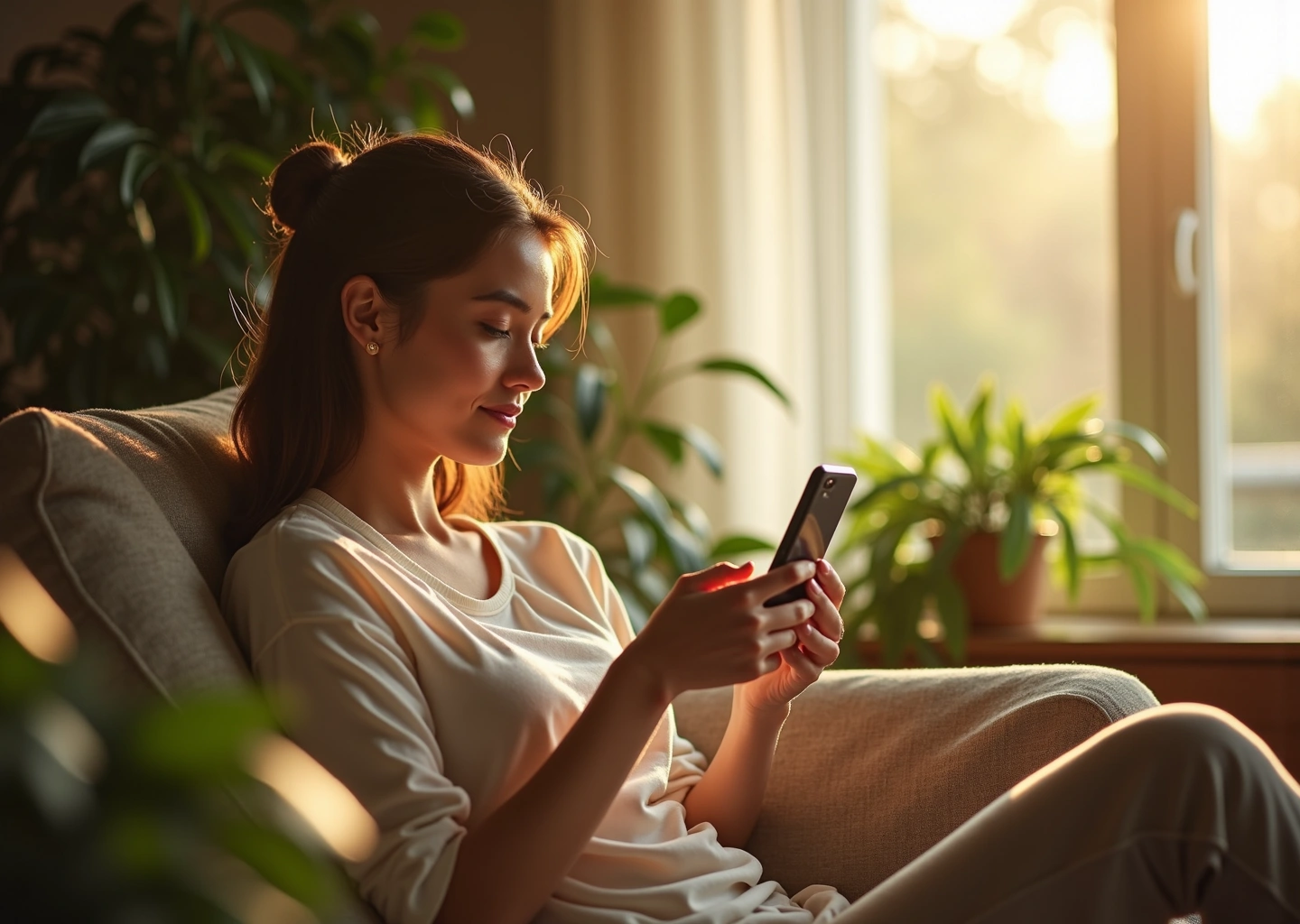 Человек, спокойно скроллящий смартфон на фоне природных элементов, символизирующий осознанность и гармонию ментального здоровья при использовании соцсетей