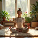 Спокойная уютная комната с человеком медитирующим и делающим дыхательные упражнения, окружённым растениями и элементами релаксации