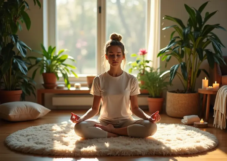 Спокойная уютная комната с человеком медитирующим и делающим дыхательные упражнения, окружённым растениями и элементами релаксации