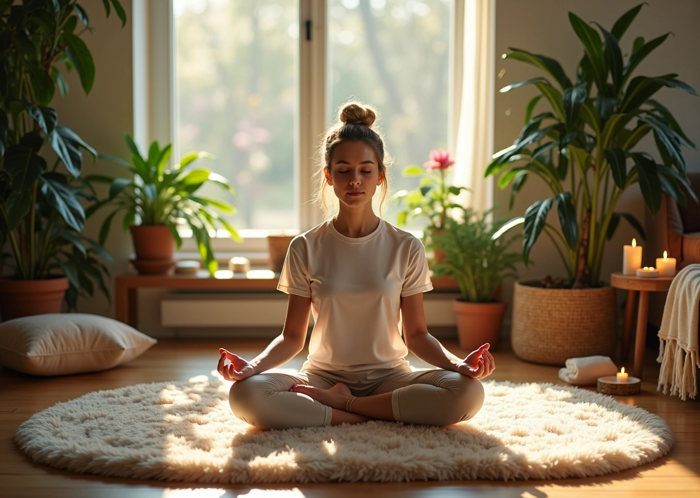 Спокойная уютная комната с человеком медитирующим и делающим дыхательные упражнения, окружённым растениями и элементами релаксации