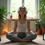 Человек медитирует в помещении с наушниками, окруженный растениями и свечами, около цифровых устройств с русскоязычными аудио и видео для управляемой медитации