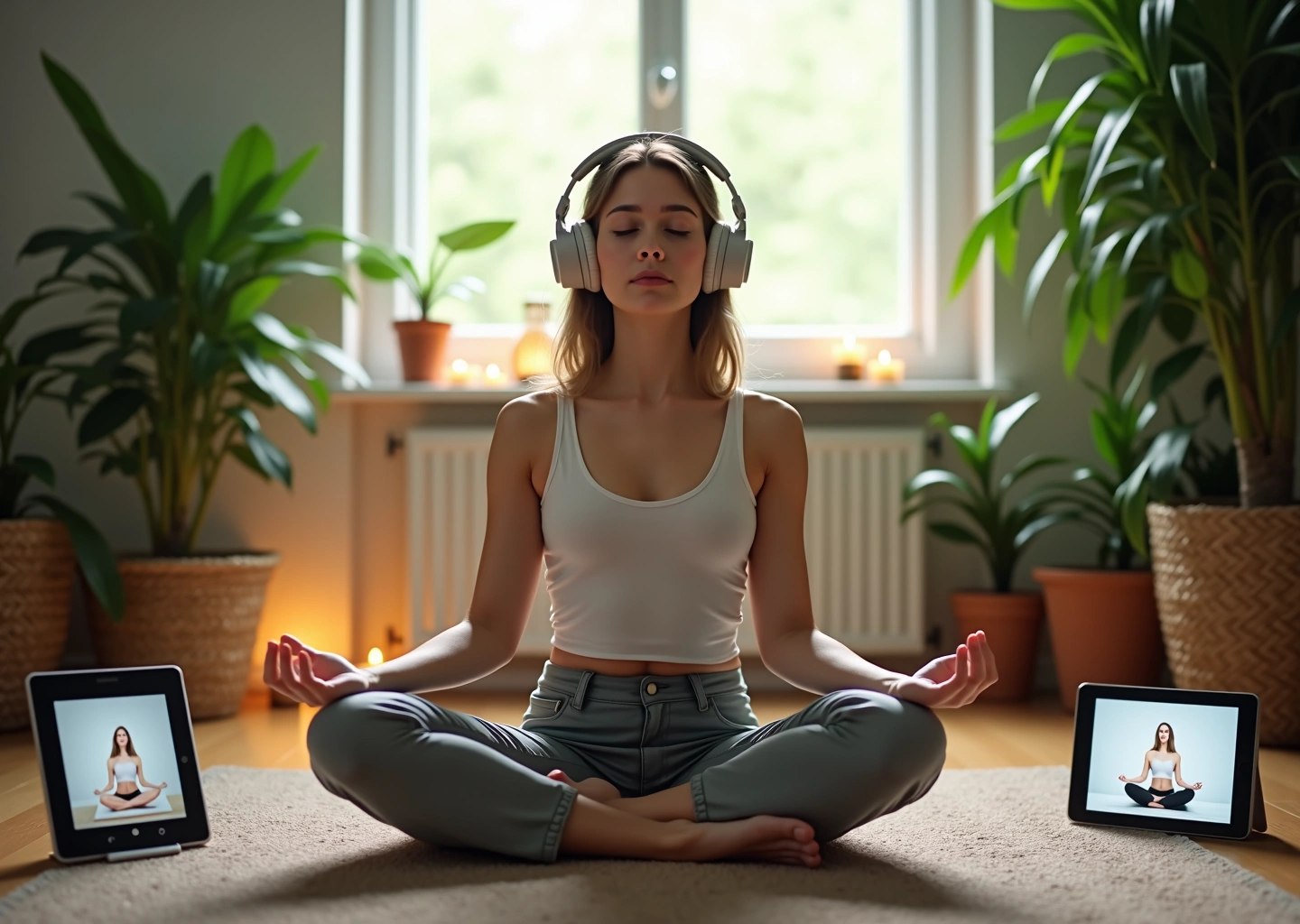 Человек медитирует в помещении с наушниками, окруженный растениями и свечами, около цифровых устройств с русскоязычными аудио и видео для управляемой медитации